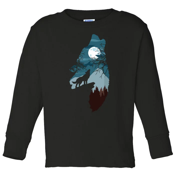 Forest With FullMoon And Cliff Of Silhouette Howling Wolf Toddler Long Sleeve Shirt