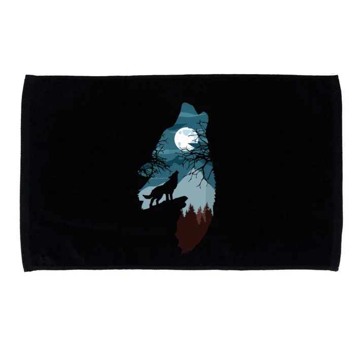 Forest With FullMoon And Cliff Of Silhouette Howling Wolf Microfiber Hand Towel