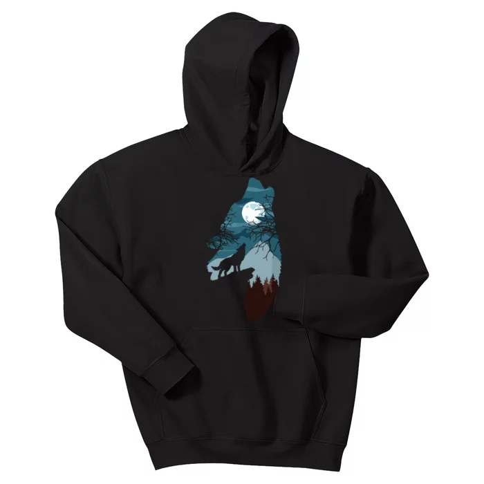 Forest With FullMoon And Cliff Of Silhouette Howling Wolf Kids Hoodie