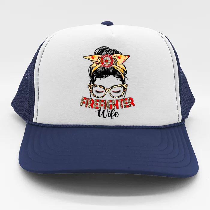 Firefighter Wife Fire Funny Messy Bun Leopard Gift Trucker Hat