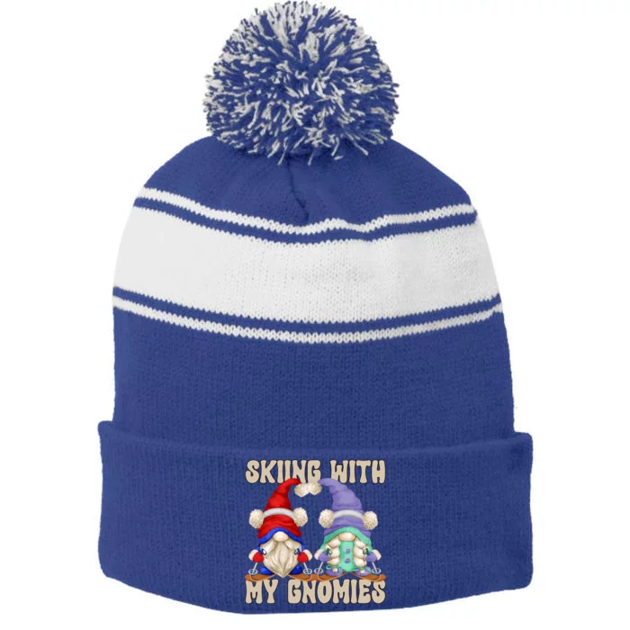 Funny Winter Gnome Ski Mom And Dad Skiing With My Gnomies Gift Stripe Pom Pom Beanie