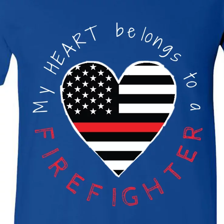 Firefighter Wife Girlfriend Thin Red Line Heart Flag Fire Gift V-Neck T-Shirt