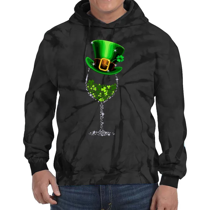 Funny Wine Glass Shamrock Irish Wine Lover St Patricks Day Tie Dye Hoodie