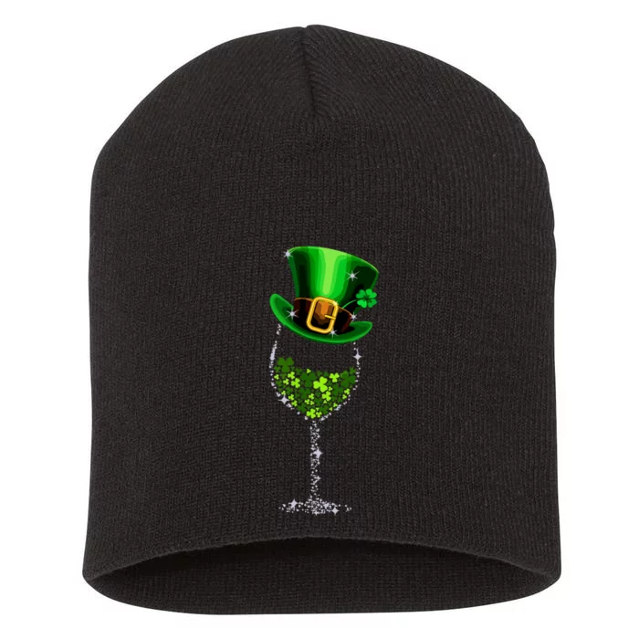 Funny Wine Glass Shamrock Irish Wine Lover St Patricks Day Short Acrylic Beanie