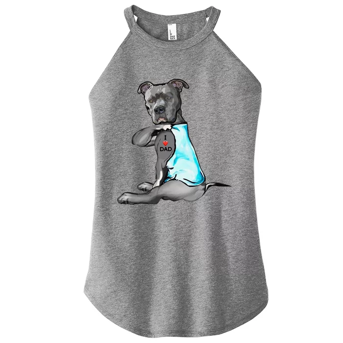 Funny Women Gifts Dog Pitbull I Love Dad Tattoo Gift Women’s Perfect Tri Rocker Tank