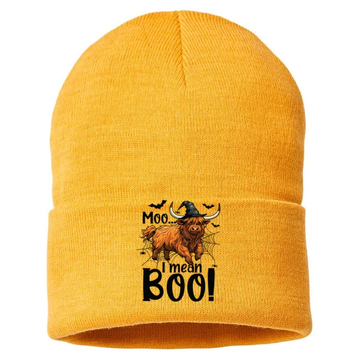 Funny Witch Highland Cow Halloween Costume Moo I Mean Boo Sweat Sustainable Knit Beanie