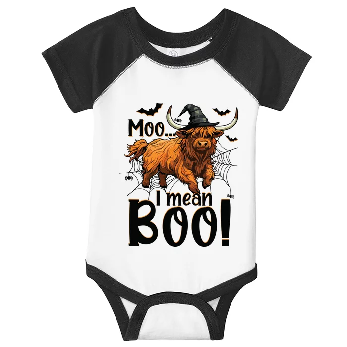 Funny Witch Highland Cow Halloween Costume Moo I Mean Boo Sweat Infant Baby Jersey Bodysuit