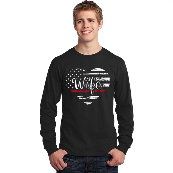 Firefighter Wife Heart Thin Red Line USA Flag Long Sleeve Shirt