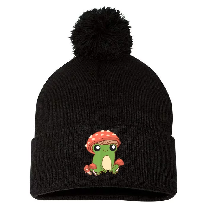 Frog With Mushroom Hat Cute Cottagecore Aesthetic Pom Pom 12in Knit Beanie