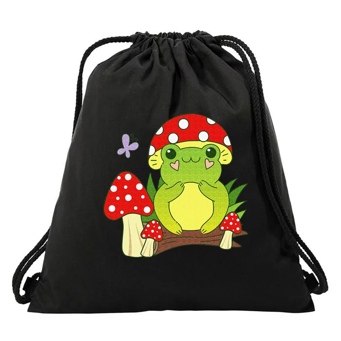 frog with mushroom hat cute Cottagecore Frog Aesthetic Drawstring Bag