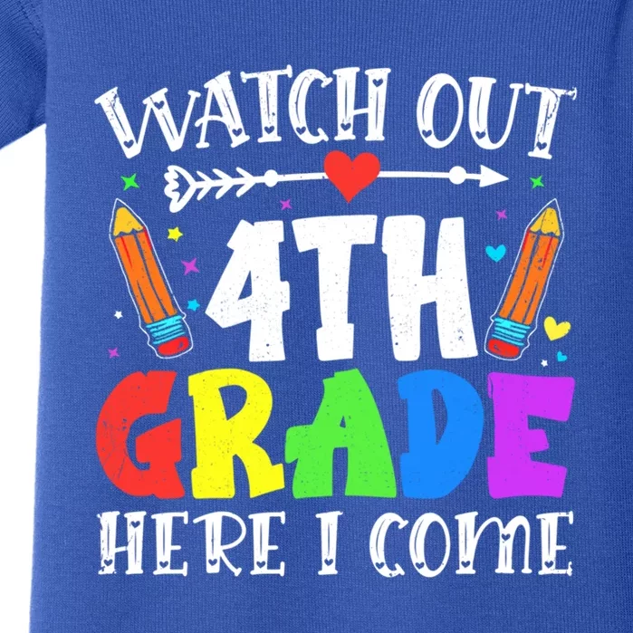 Funny Watch Out 4Th Grade Here I Come Back To School Funny Gift Baby Bodysuit