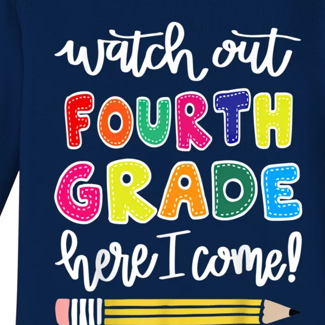 Funny Watch Out Fourth Grade Here I Come Back To School Gift Baby Long Sleeve Bodysuit