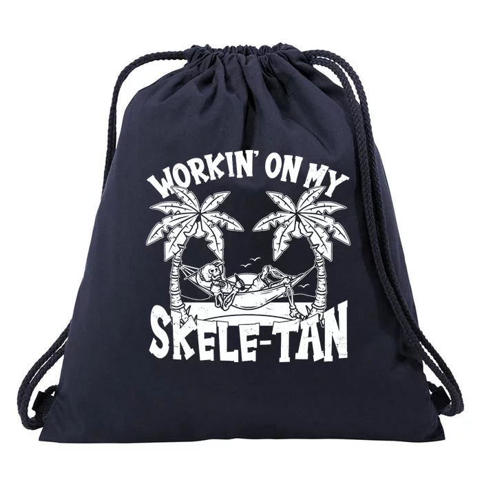 Funny Workin On My Skele Tan Vacation Skeleton Drawstring Bag