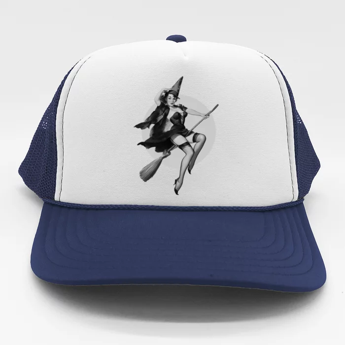 Flying Witch On Broom Halloween Sexy Witch Pin Up Gift Trucker Hat