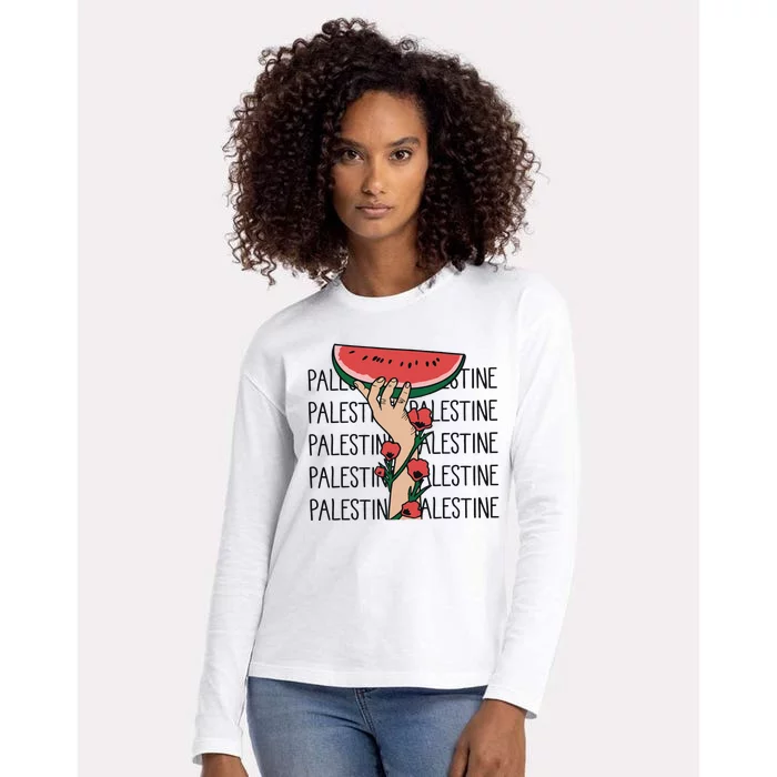 Floral Watermelon Palestine Watermelon Womens Cotton Relaxed Long Sleeve T-Shirt