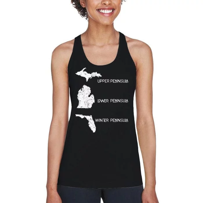 Funny Winter Peninsula Florida Vacation Michigan Michiganian Women's Racerback Tank