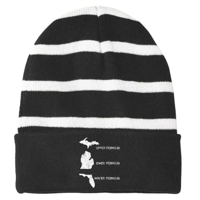 Funny Winter Peninsula Florida Vacation Michigan Michiganian Striped Beanie with Solid Band