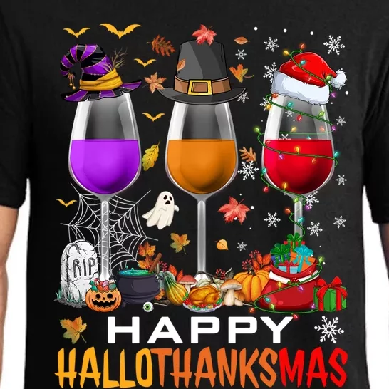 Funny Witch Pilgrim Santa Wine Glasses Happy Hallothanksmas Cute Gift Pajama Set