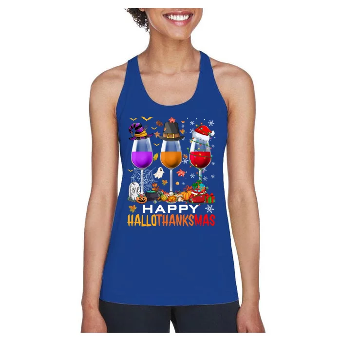 Funny Witch Pilgrim Santa Wine Glasses Happy Hallothanksmas Cute Gift Women's Racerback Tank