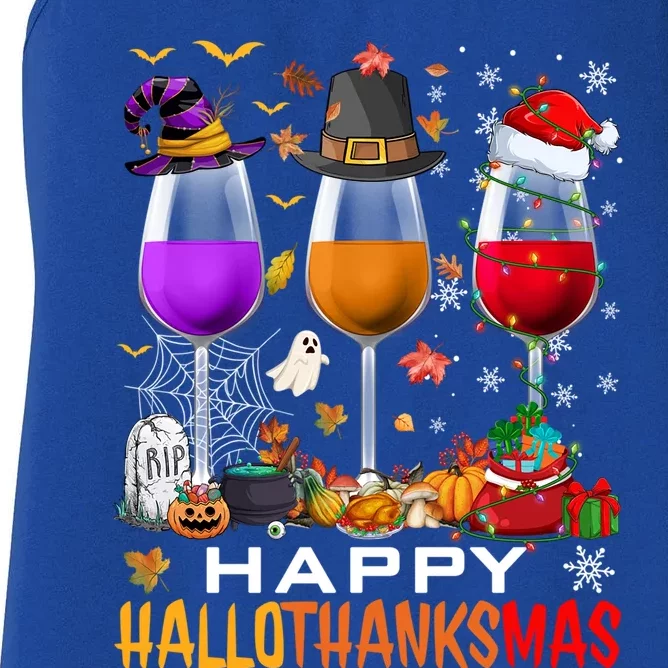 Funny Witch Pilgrim Santa Wine Glasses Happy Hallothanksmas Cute Gift Women's Racerback Tank