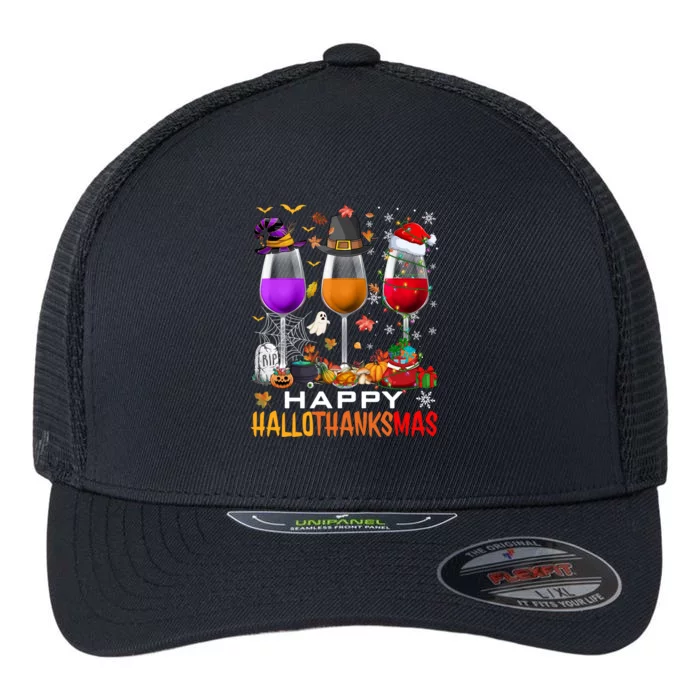 Funny Witch Pilgrim Santa Wine Glasses Happy Hallothanksmas Cool Gift Flexfit Unipanel Trucker Cap