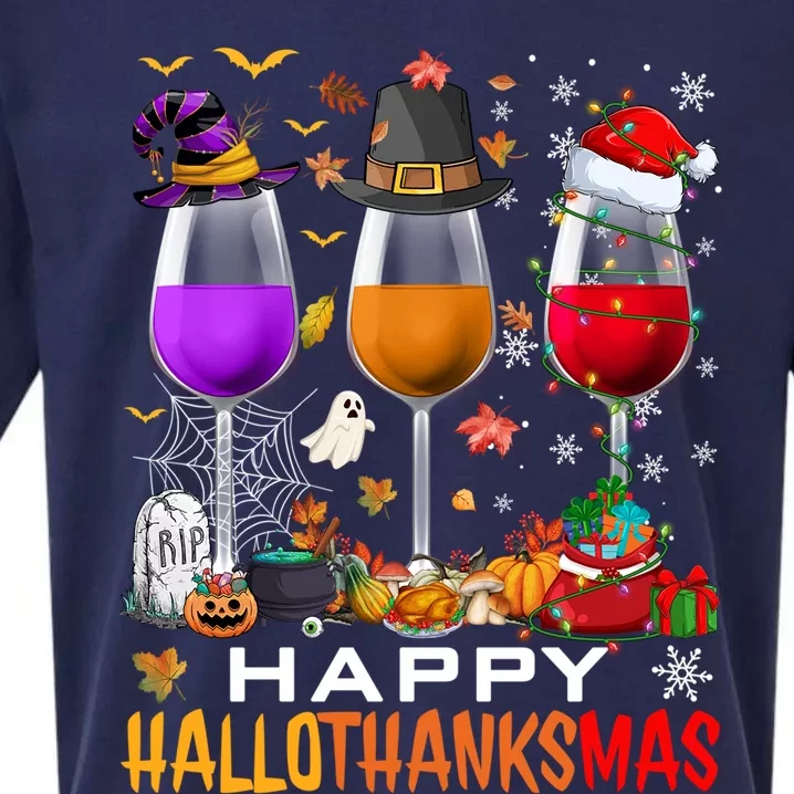 Funny Witch Pilgrim Santa Wine Glasses Happy Hallothanksmas Cool Gift Sueded Cloud Jersey T-Shirt