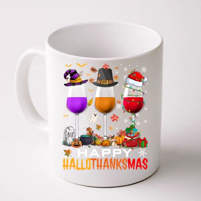 Funny Witch Pilgrim Santa Wine Glasses Happy Hallothanksmas Cool Gift Front & Back Coffee Mug