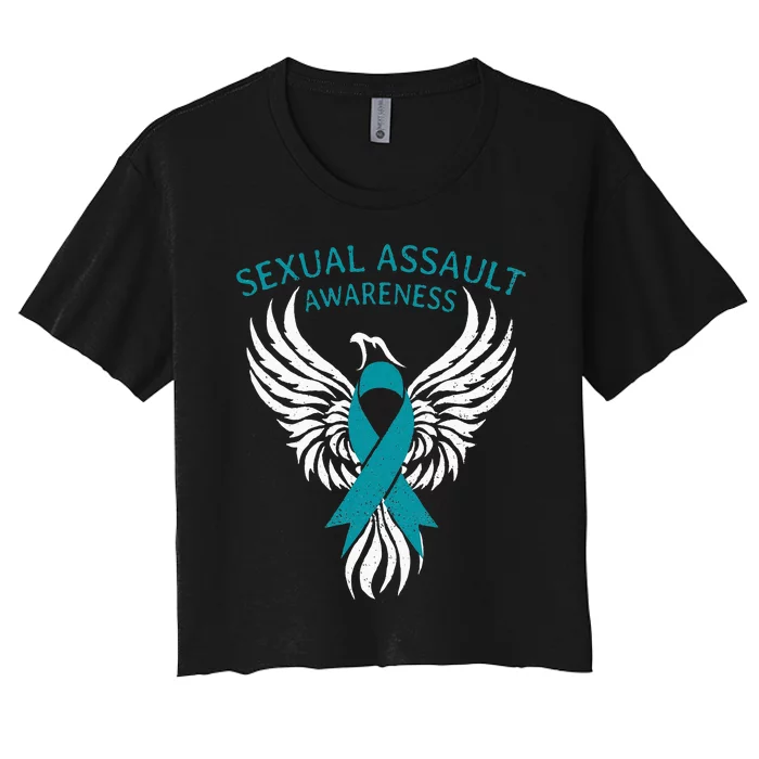 Fighter Warrior Sexual Assault Awareness Month Teal Ribbon Women's Crop Top Tee