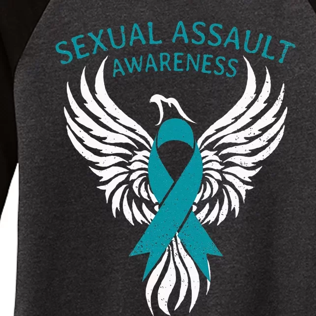 Fighter Warrior Sexual Assault Awareness Month Teal Ribbon Women's Tri-Blend 3/4-Sleeve Raglan Shirt