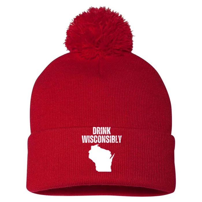 Funny Wisconsin State Map Drinking Trip Drink Wisconsibly Pom Pom 12in Knit Beanie