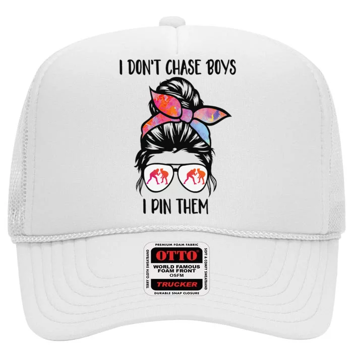 Funny Wrestling Teen Girls I Don't Chase Boys I Pin Them High Crown Mesh Trucker Hat