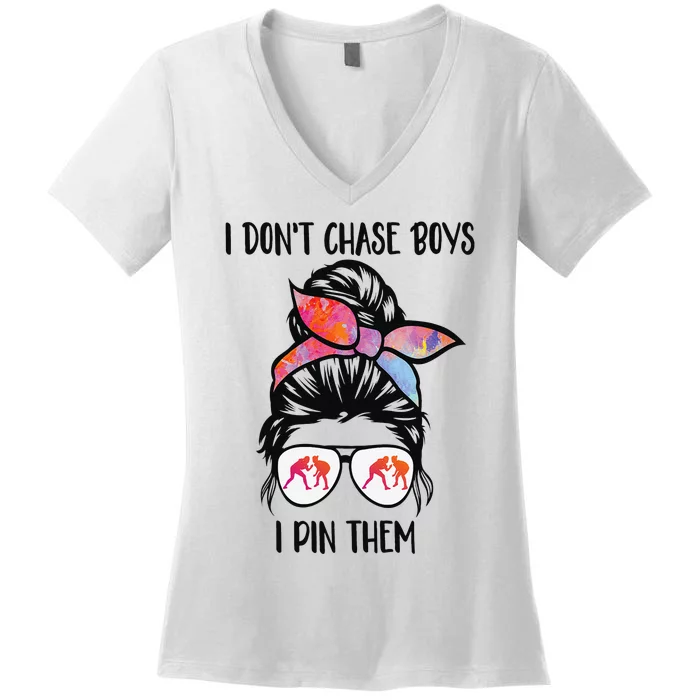 Funny Wrestling Teen Girls I Don't Chase Boys I Pin Them Women's V-Neck T-Shirt