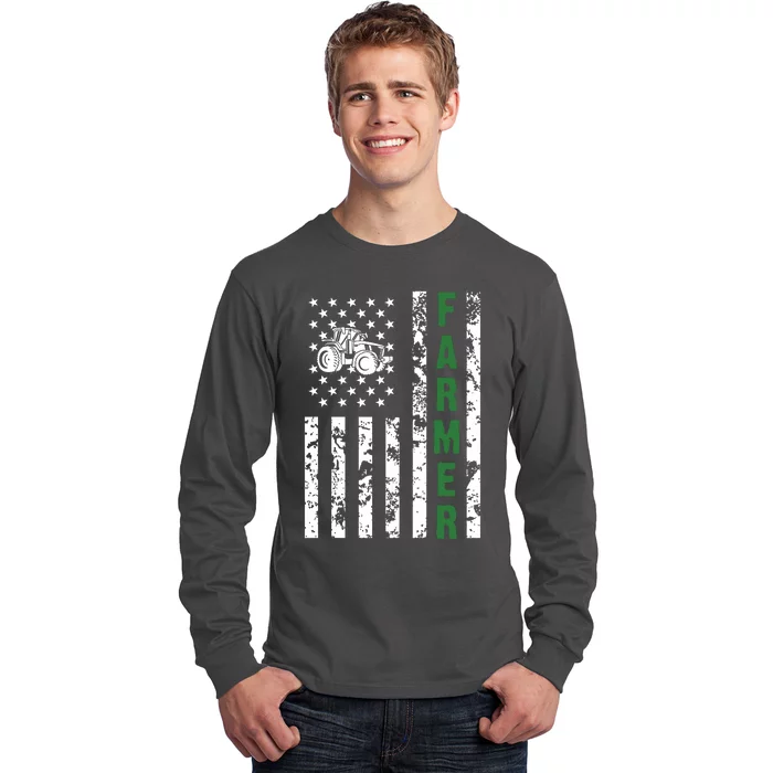 Flag With Tractor Patriotic Farmer Farming Gift Long Sleeve Shirt