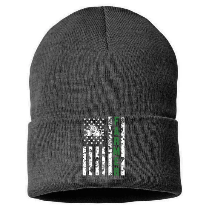 Flag With Tractor Patriotic Farmer Farming Gift Sustainable Knit Beanie