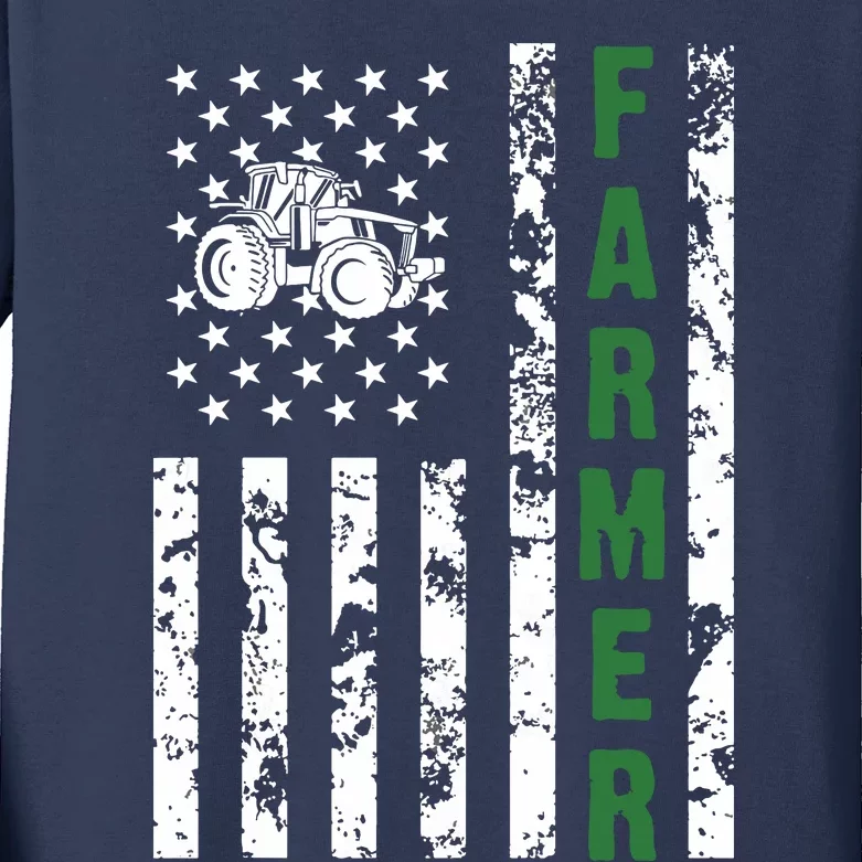 Flag With Tractor Patriotic Farmer Farming Gift Kids Long Sleeve Shirt