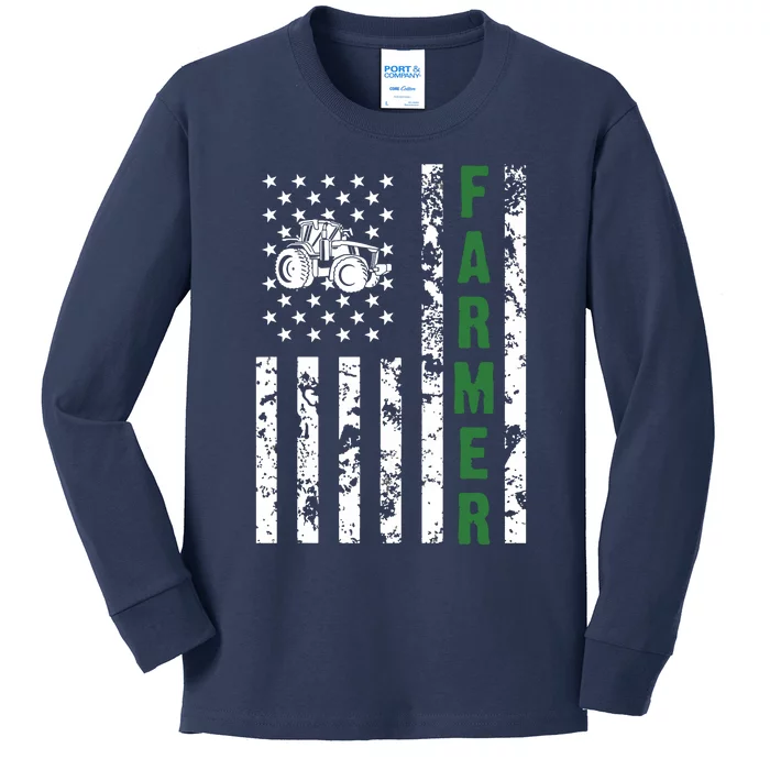 Flag With Tractor Patriotic Farmer Farming Gift Kids Long Sleeve Shirt