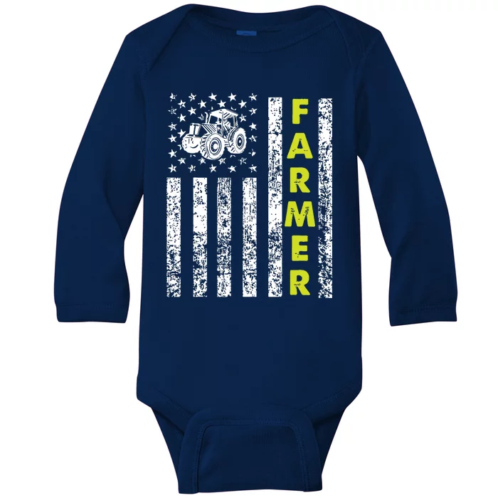 Flag With Tractor Patriotic Farmer Baby Long Sleeve Bodysuit