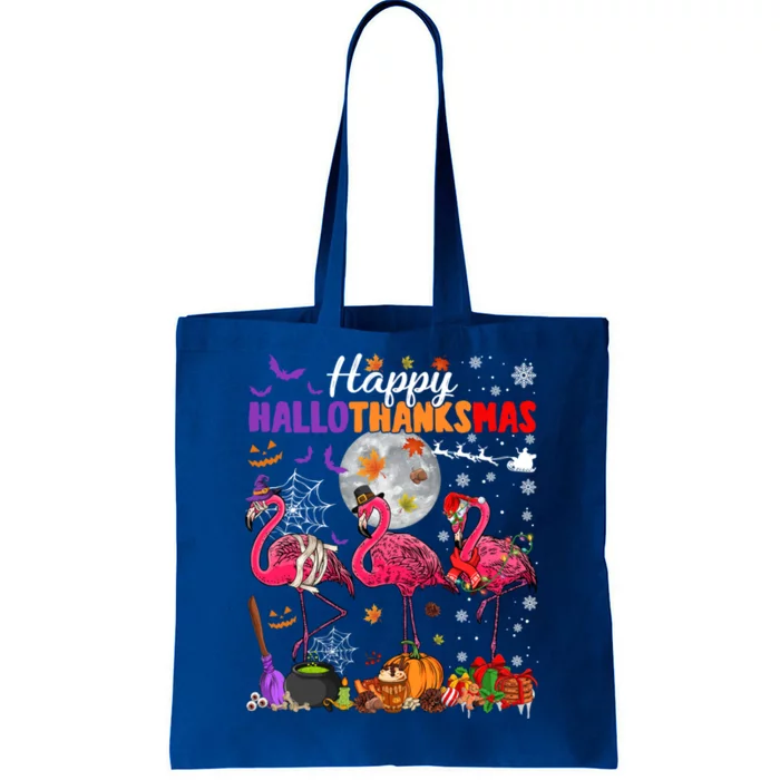 Funny Witch Turkey Santa Pink Flamingos Happy Hallothanksmas Gift Tote Bag