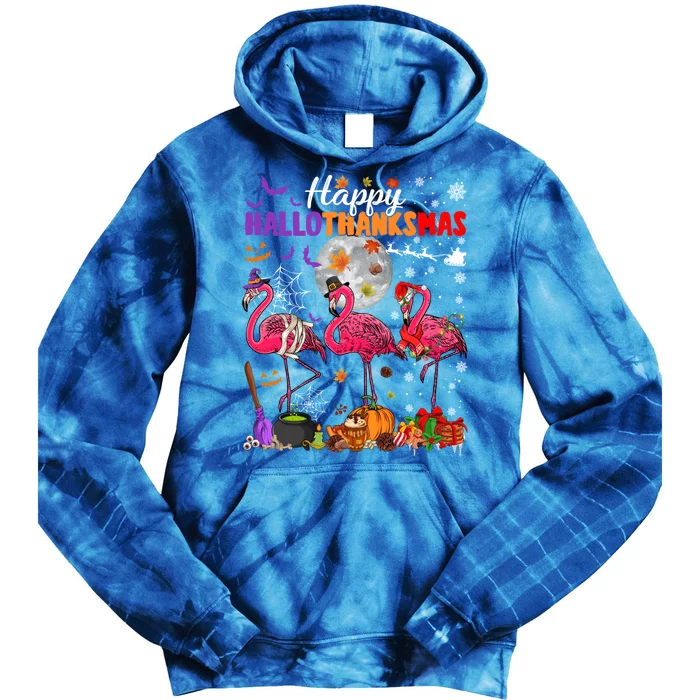 Funny Witch Turkey Santa Pink Flamingos Happy Hallothanksmas Gift Tie Dye Hoodie