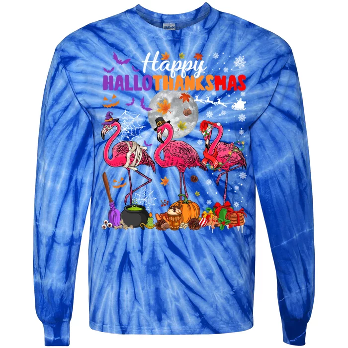 Funny Witch Turkey Santa Pink Flamingos Happy Hallothanksmas Gift Tie-Dye Long Sleeve Shirt