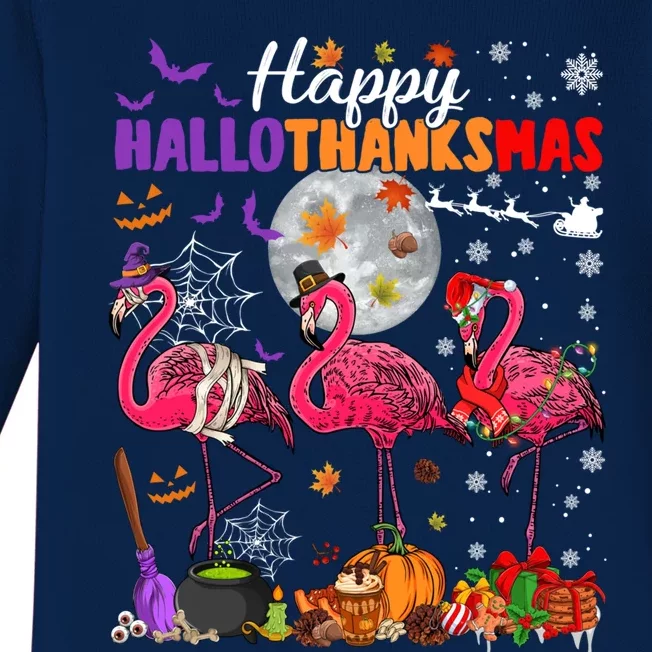 Funny Witch Turkey Santa Pink Flamingos Happy Hallothanksmas Gift Baby Long Sleeve Bodysuit