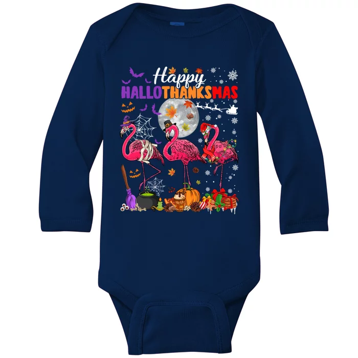 Funny Witch Turkey Santa Pink Flamingos Happy Hallothanksmas Gift Baby Long Sleeve Bodysuit