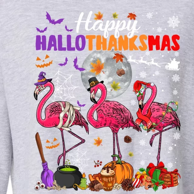 Funny Witch Turkey Santa Pink Flamingos Happy Hallothanksmas Gift Cropped Pullover Crew