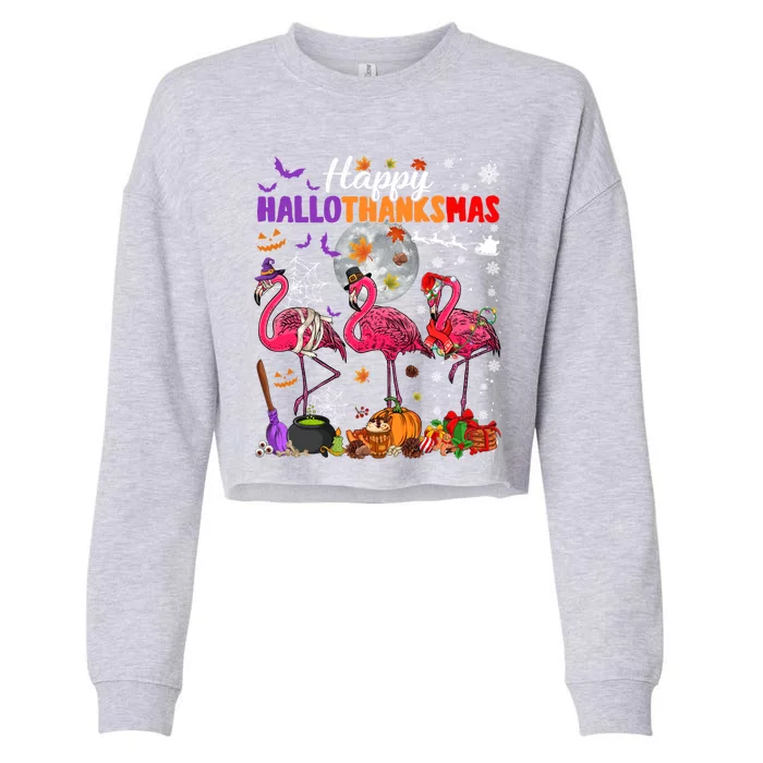 Funny Witch Turkey Santa Pink Flamingos Happy Hallothanksmas Gift Cropped Pullover Crew