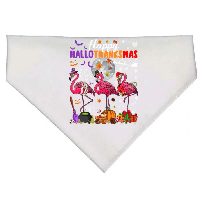 Funny Witch Turkey Santa Pink Flamingos Happy Hallothanksmas Gift USA-Made Doggie Bandana