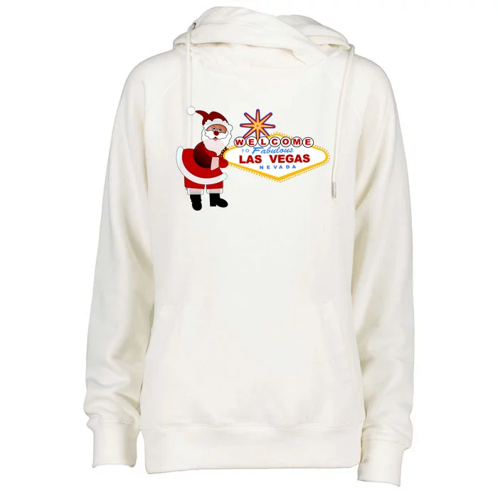 Famous Welcome To Las Vegas Sign With Santa Claus Christmas Womens Funnel Neck Pullover Hood