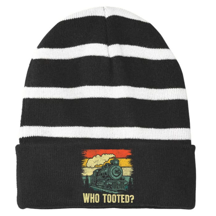 Funny Who Tooted Train Lovers Striped Beanie with Solid Band