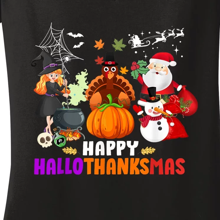 Funny Witch Turkey Santa Happy HalloThanksMas Costume Women's V-Neck T-Shirt