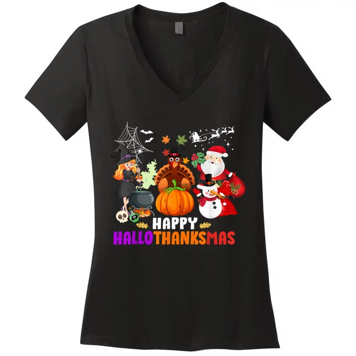 Funny Witch Turkey Santa Happy HalloThanksMas Costume Women's V-Neck T-Shirt