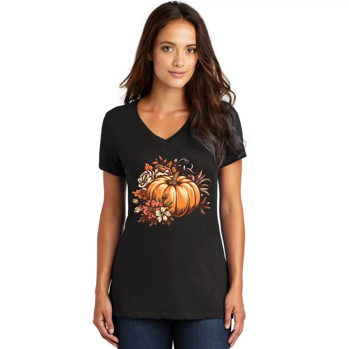 Fall Women Vintage Pumpkin Autumn Graphic Thanksgiving Women's V-Neck T-Shirt